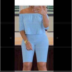 2 piece off the shoulder short set shorts reaches right above the knee